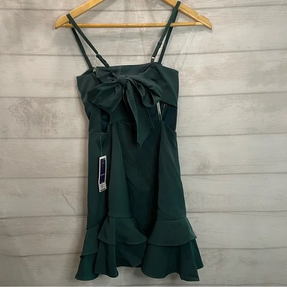 Dear Moon Sleeveless Square-Neck Tie-Back Ruffle-Hem Scuba Dress Green Size 5 - Picture 3 of 9